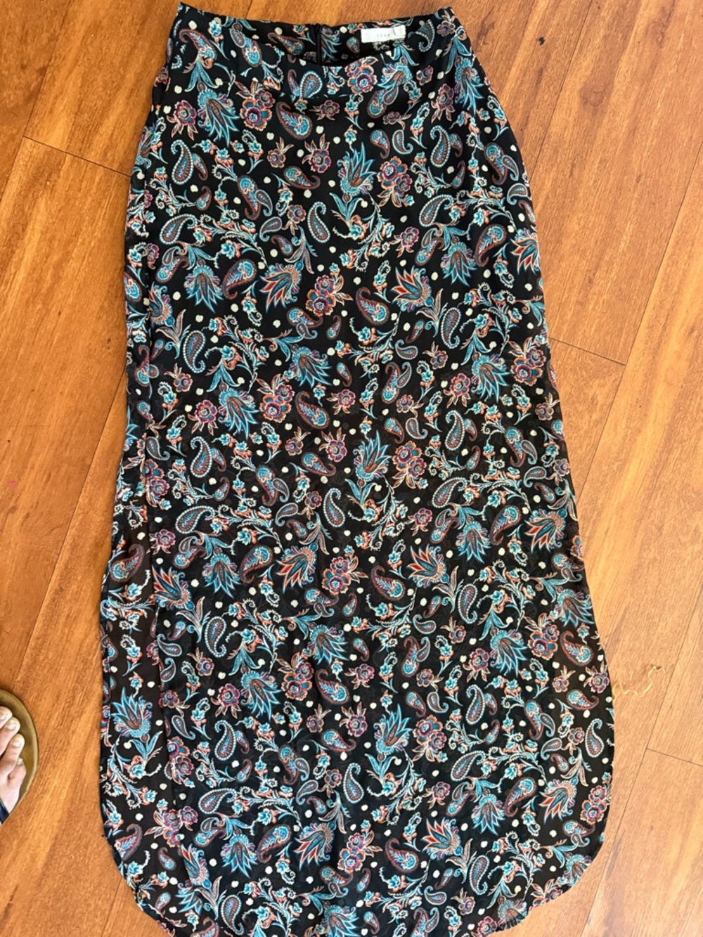 LUSH Black Paisley Maxi Skirt with Teal & Pink Floral Print, slits on both sides